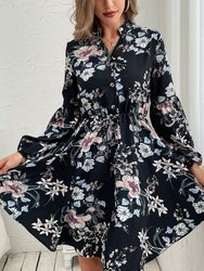 Vintage Collared Floral Print Dress - Black