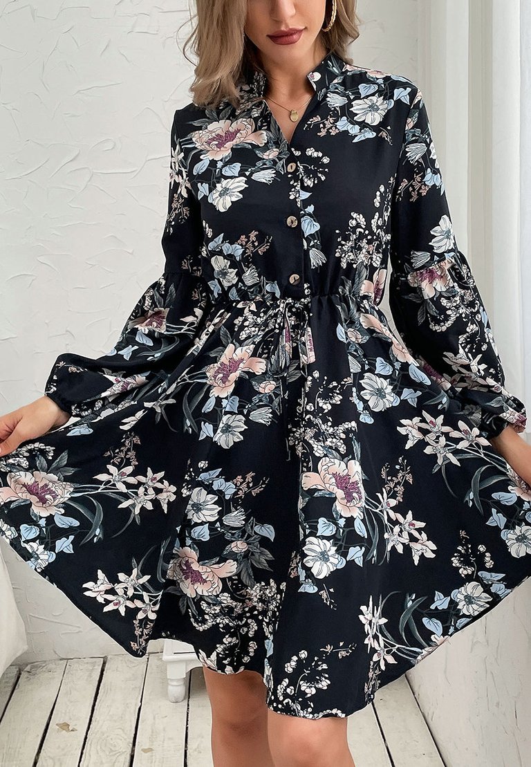 Vintage Collared Floral Print Dress - Black