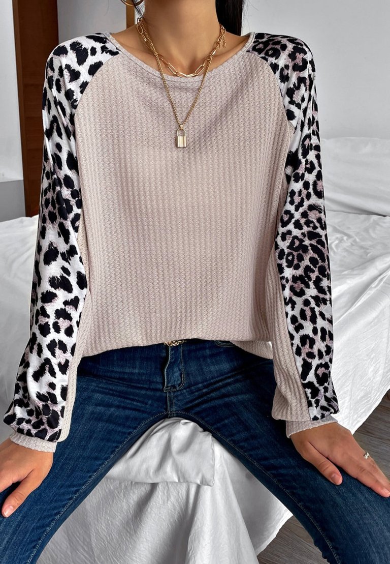 Waffle Knit Leopard Fall Sweater - Beige