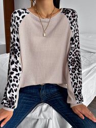 Waffle Knit Leopard Fall Sweater - Beige