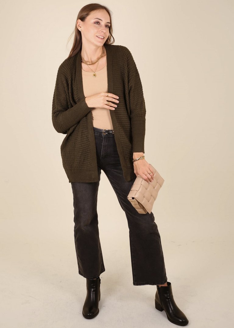Waffle Knit Open Front Cardigan Sweater - Olive Green