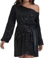 Women's Batwing Sleeve Sequin Party Dress - Black