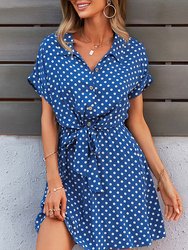 Womens Casual Dress Short Sleeves Button Up Polka Dot Printed Tie Waist Mini Dresses