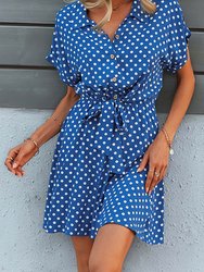 Womens Casual Dress Short Sleeves Button Up Polka Dot Printed Tie Waist Mini Dresses - Blue