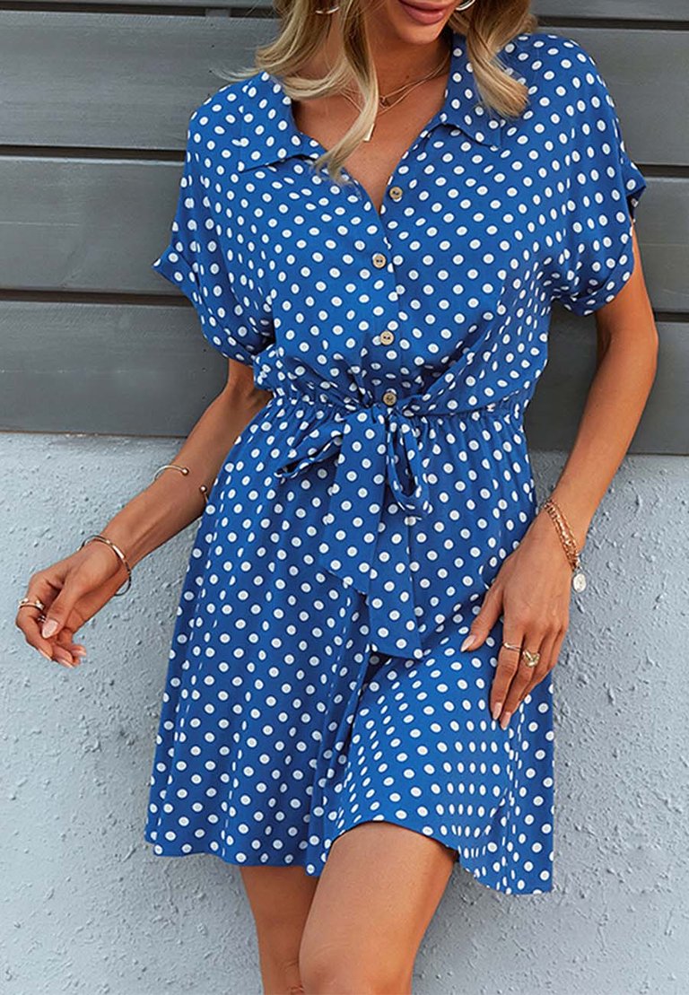 Womens Casual Dress Short Sleeves Button Up Polka Dot Printed Tie Waist Mini Dresses - Blue
