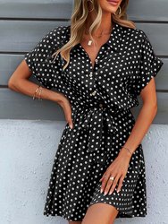 Womens Casual Dress Short Sleeves Button Up Polka Dot Printed Tie Waist Mini Dresses