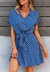 Womens Casual Dress Short Sleeves Button Up Polka Dot Printed Tie Waist Mini Dresses