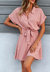 Womens Casual Dress Short Sleeves Button Up Polka Dot Printed Tie Waist Mini Dresses - Pink