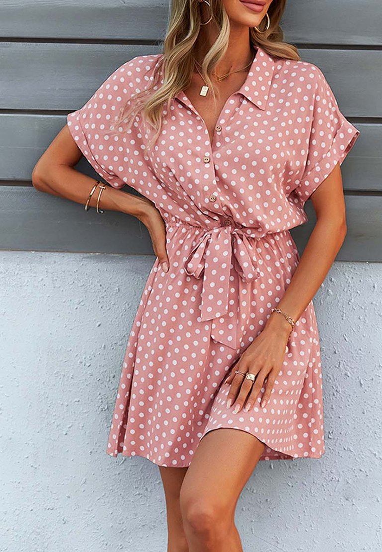 Womens Casual Dress Short Sleeves Button Up Polka Dot Printed Tie Waist Mini Dresses - Pink