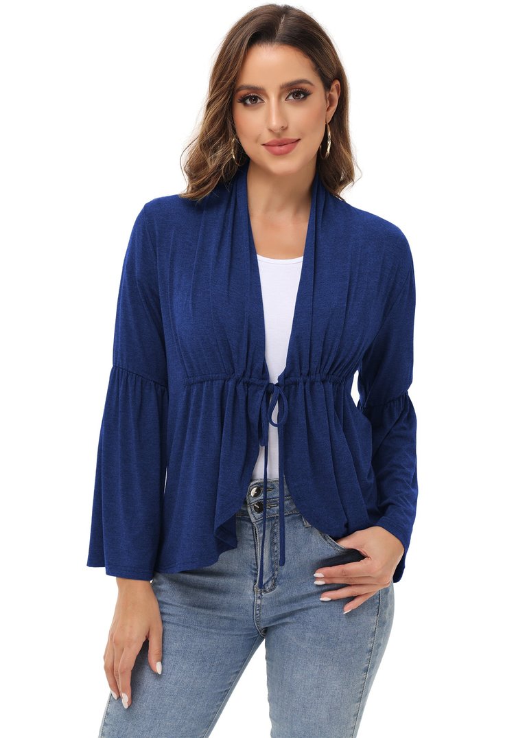 Women's Casual Lightweight Open Front Cardigans Soft Draped Ruffles Flare Sleeve Cardigan - Navy