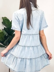 Women's Casual Short Sleeve High Waist Button Down Tiered Denim Shirt Dress