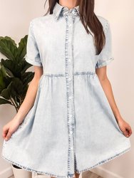 Women's Casual Short Sleeve High Waist Button Down Tiered Denim Shirt Dress