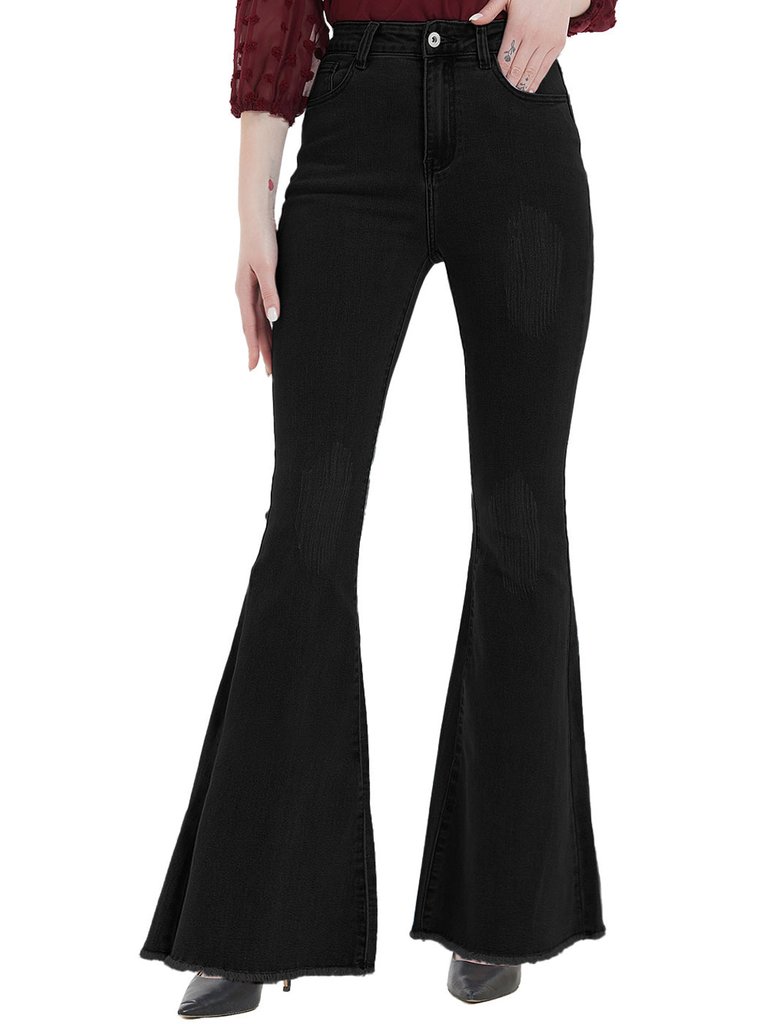 Women's Distressed Flared Jeans Pants - Black