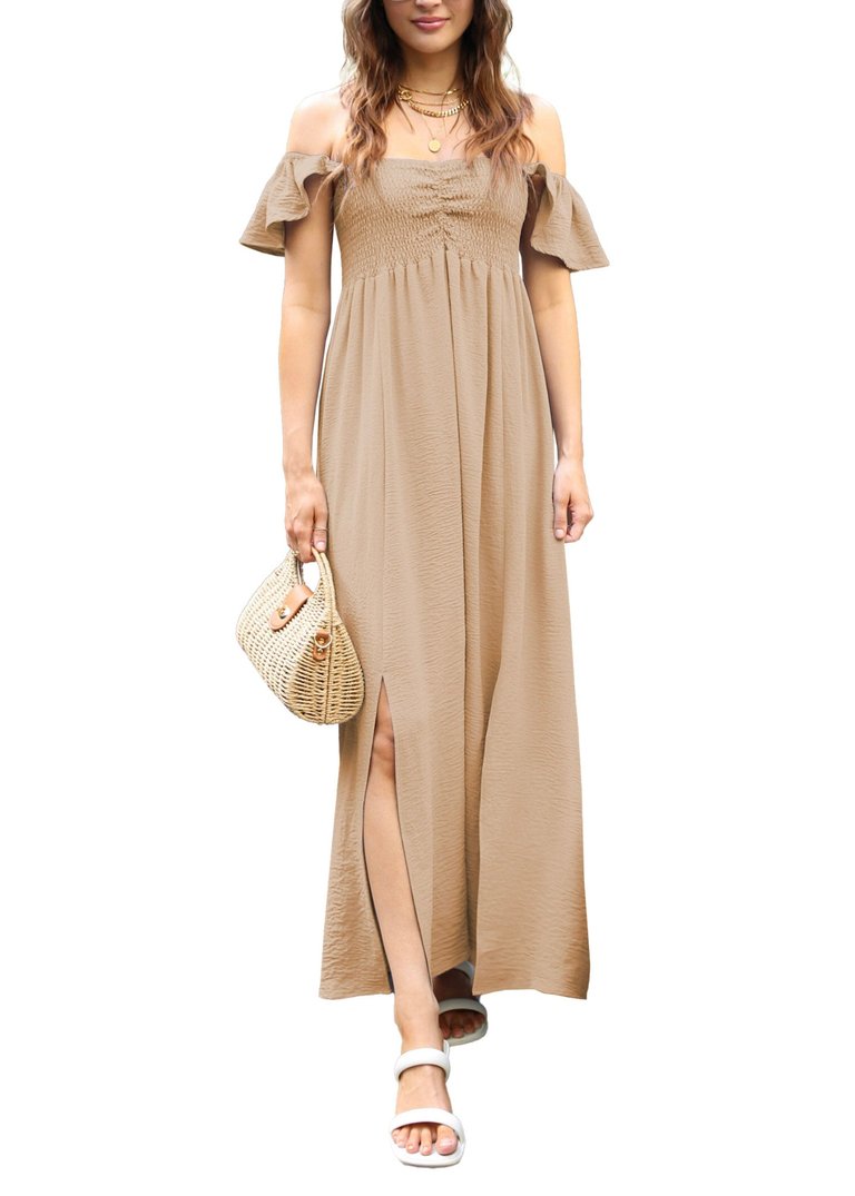 Women's Flutter Cap Sleeve Shirred Smocked Bodice Maxi Dress With Front Slits - Beige