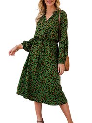 Women's Leopard Print Lantern Sleeve Tie Waist Midi Dress - Green