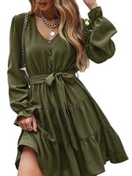 Women's Ruffle Chiffon V-Neck Long Sleeve Dress - Green