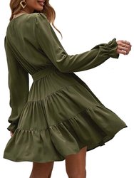 Women's Ruffle Chiffon V-Neck Long Sleeve Dress