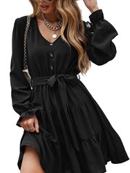 Women's Ruffle Chiffon V-Neck Long Sleeve Dress - Black