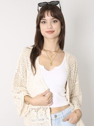 Womens Short Embroidered Lace Kimono Crop Cardigan With Half Sleeves - Beige