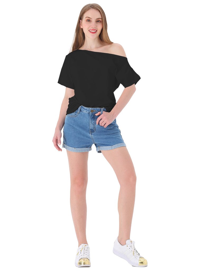 Women's Solid Cotton Stretchy Sexy Off Shoulder Casual T-Shirt Blouse