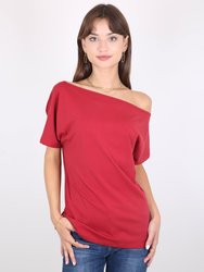 Women's Solid Cotton Stretchy Sexy Off Shoulder Casual T-Shirt Blouse - Burgundy