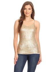 Womens Spaghetti Strap Sequin Metal Chain Shiny Party Club Camisole Tank Top - Gold