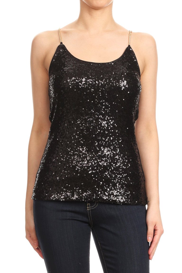 Womens Spaghetti Strap Sequin Metal Chain Shiny Party Club Camisole Tank Top - Black