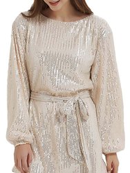 Women's Sparkly Sequins Party Dress Long Sleeve Crew Neck Elegant Loose Fashion Dresses - Champagne