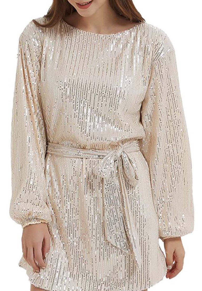 Women's Sparkly Sequins Party Dress Long Sleeve Crew Neck Elegant Loose Fashion Dresses - Champagne
