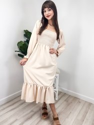 Women's Square Neck Shirred Ruffle Hem Long Sleeve Maxi Dress