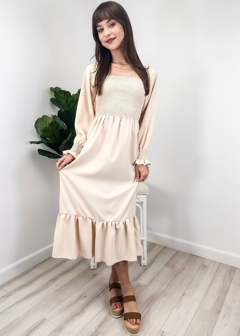 Women's Square Neck Shirred Ruffle Hem Long Sleeve Maxi Dress - Beige