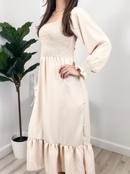 Women's Square Neck Shirred Ruffle Hem Long Sleeve Maxi Dress