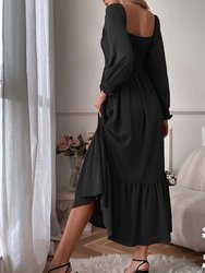 Women's Square Neck Shirred Ruffle Hem Long Sleeve Maxi Dress