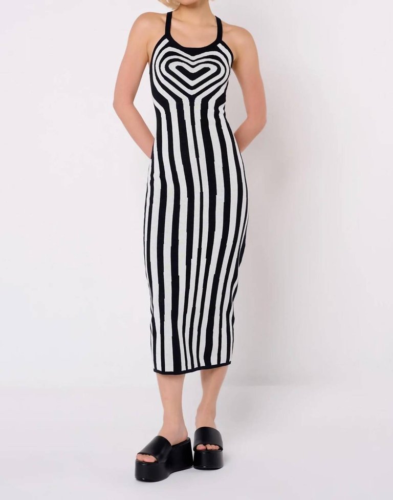 Monochrome Heart Illusion Knit Midi Dress In Black/white - Black/white