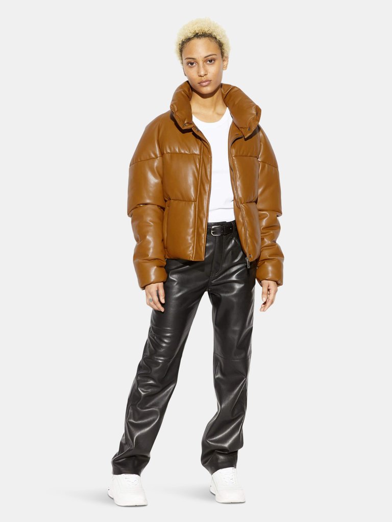 Jemma Vegan Leather Puffer Jacket - Camel