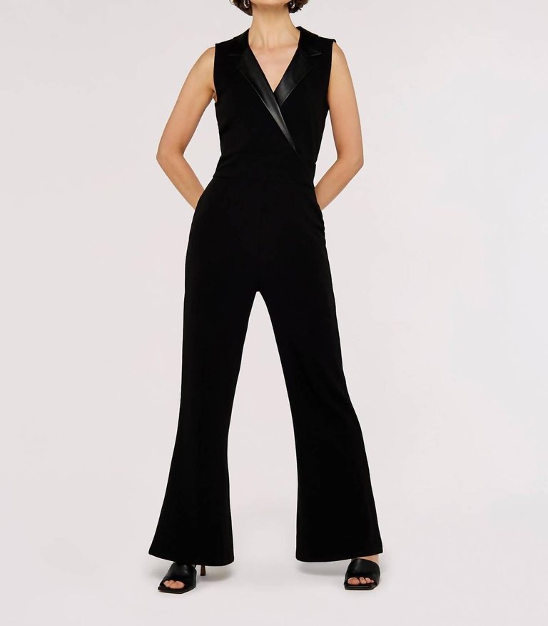 Faux Leather Collared Jumpsuit - Black