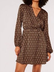 Geometric Satin Wrap Mini Dress In Brown - Brown