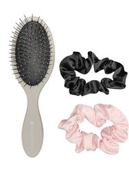 Detangling Brush & Scrunchie Set - Grey Brush / Black + Pink Scrunchies