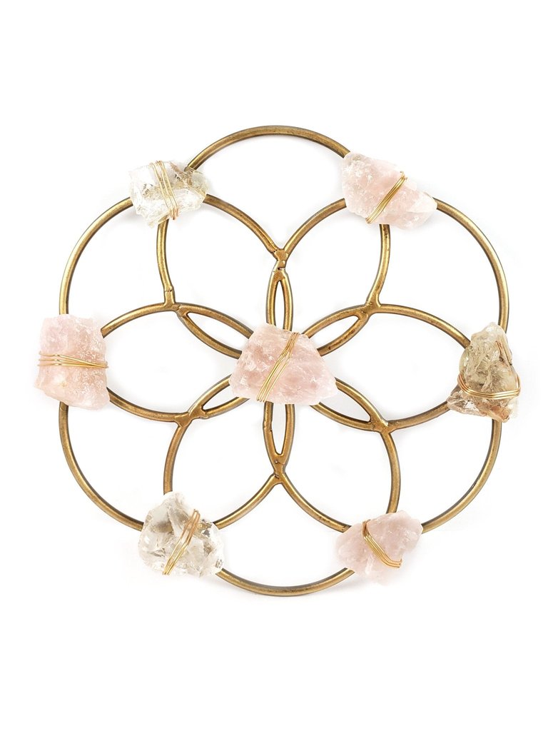 Small Flower of Life Crystal Grid - Rose Quartz and Quartz - Gold