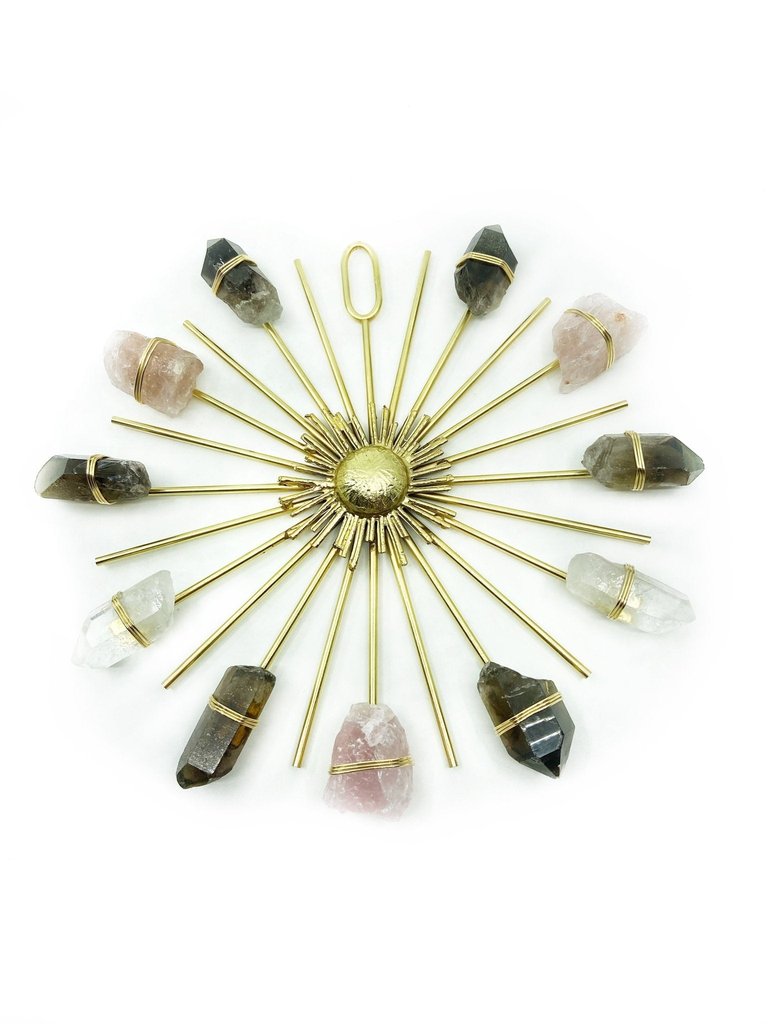 Triple Quartz Sunburst Healing Crystal Grid - Clear - Smoky - Rose - Gold