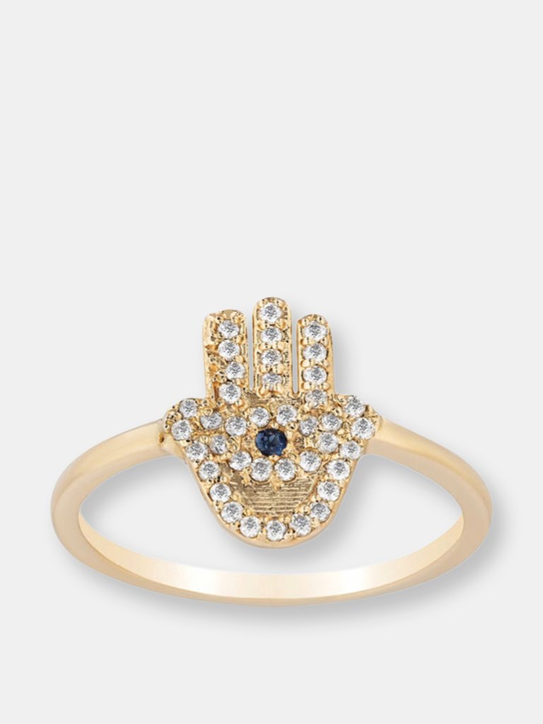 Diamond & Blue Sapphire Hamsa Ring - White