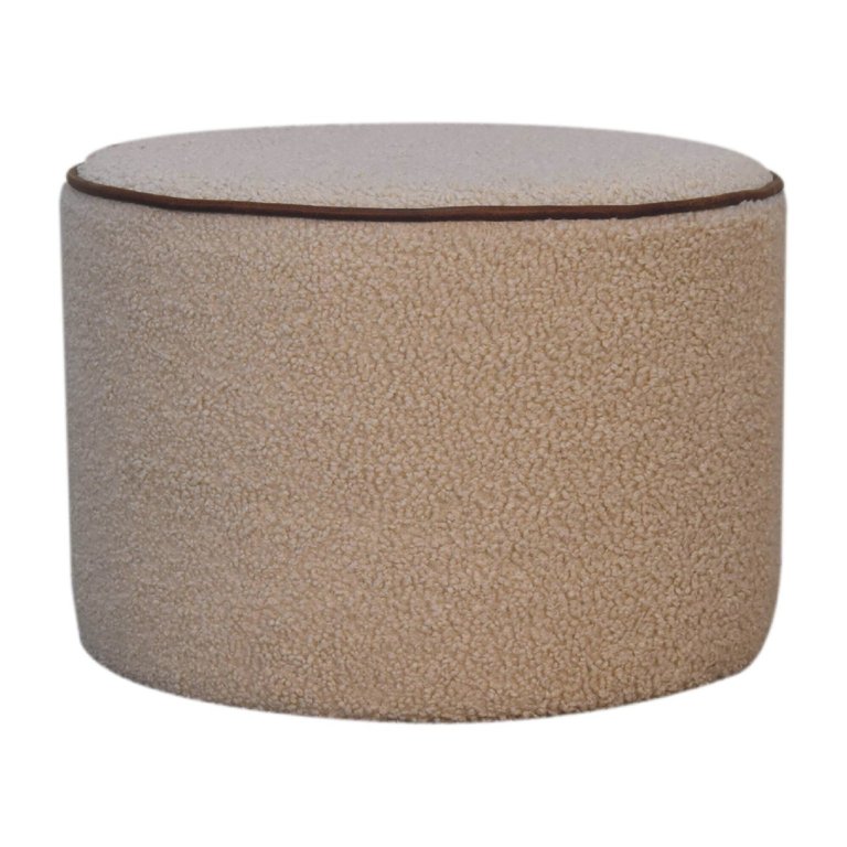 Boucle Round Footstool With Bufallo Leather Piping - Cream