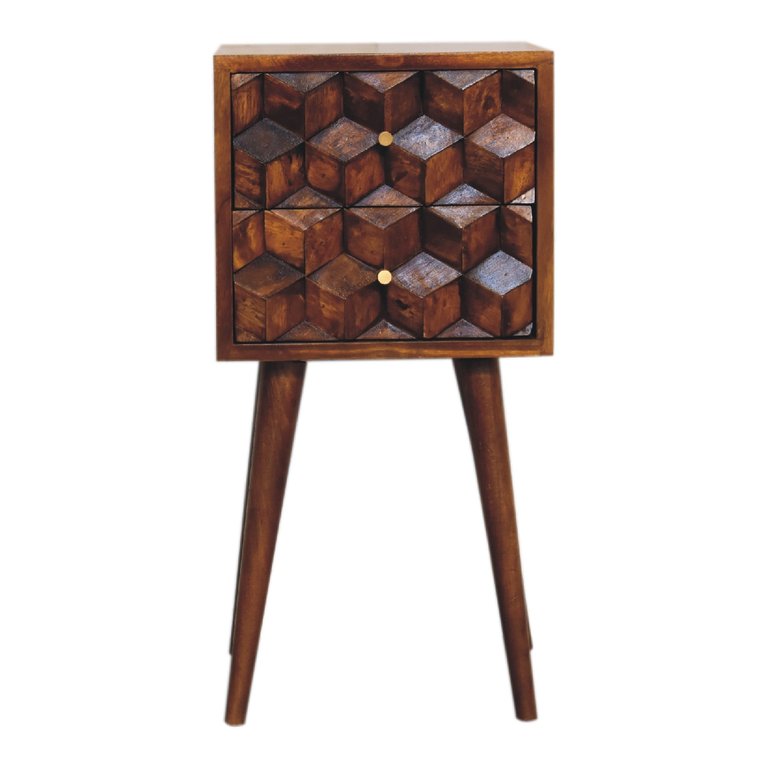 Mini Chestnut Cube Carved 2 Drawer Bedside - Brown