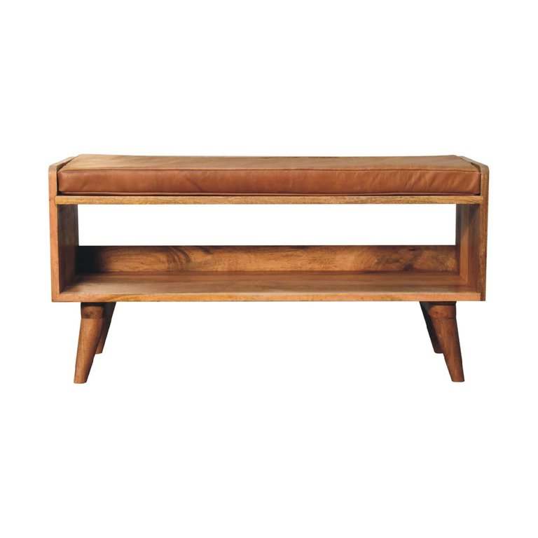 Oak-ish Bench With Tan Leather Seatpad - Light Brown