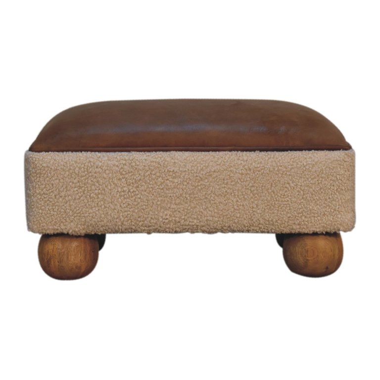 Tan Buffalo Leather Boucle Footstool With Ball Feet - Brown