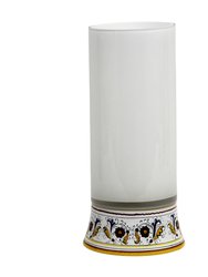 Deruta Bella Vetro: Cylindrical Glass Vase On Ceramic Base Perugino Design - White