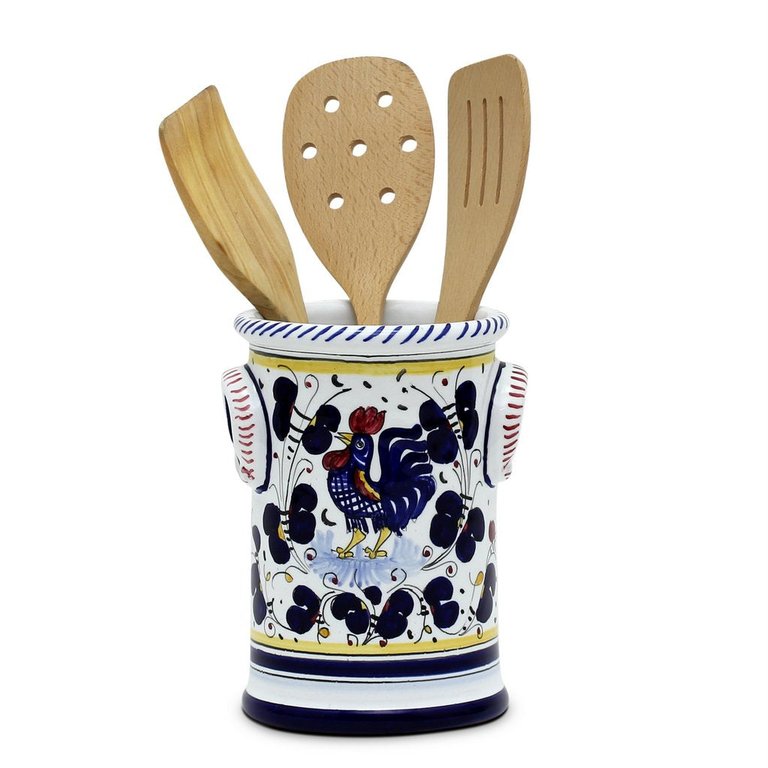 Orvieto Blue Rooster: Bundle With Utensil Holder + Biscotti Jar