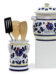 Orvieto Blue Rooster: Bundle With Utensil Holder + Biscotti Jar