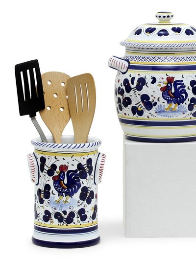 Artistica - Deruta of Italy Orvieto Blue Rooster: Bundle With Utensil Holder + Biscotti Jar product