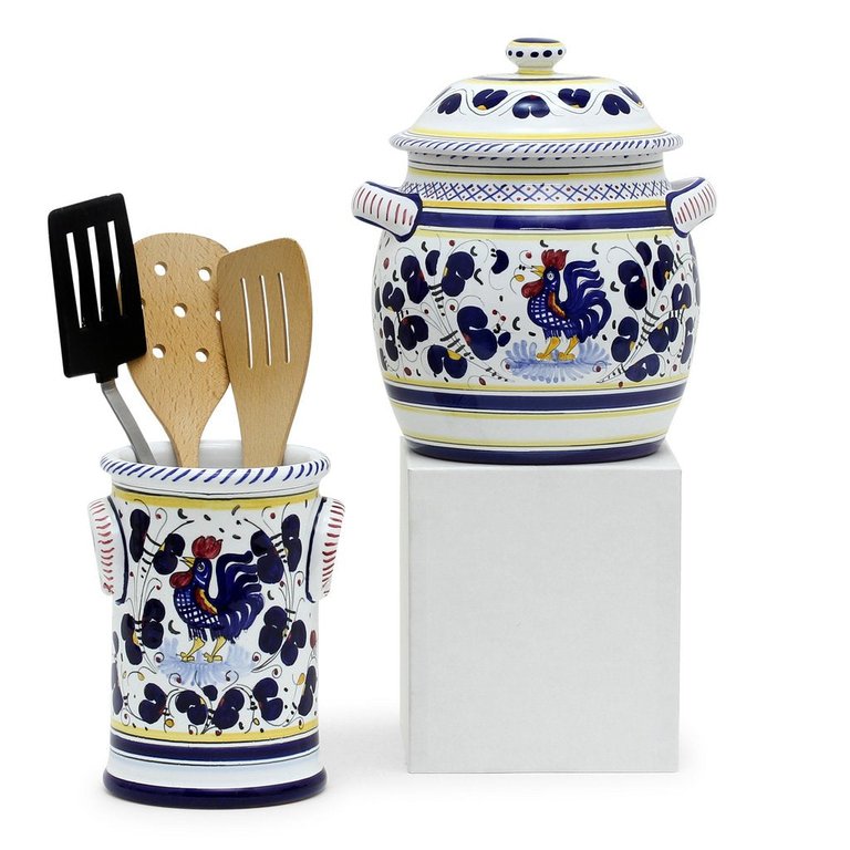 Orvieto Blue Rooster: Bundle With Utensil Holder + Biscotti Jar